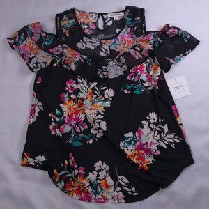 Perception Concept Women’s Black Floral Sheer Cold Shoulder Top – Size Small – N